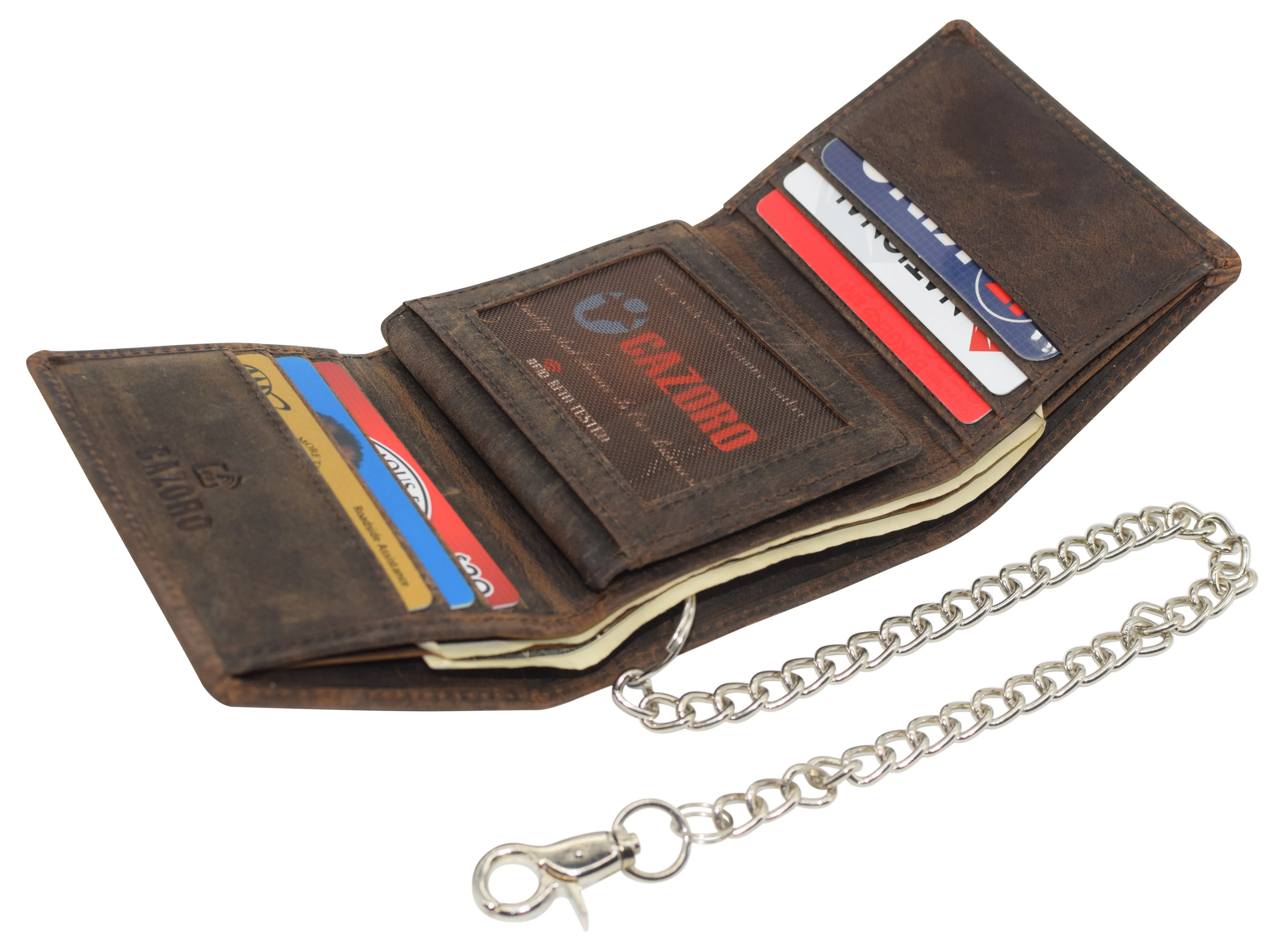 CAZORO Men's RFID Blocking Chain Biker Vintage Genuine Leather Classic Trifold Wallet for Men