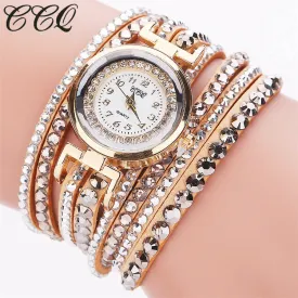 CCQ Brand Fashion Leather Bracelet Watch Women Luxury Full Crystal Quartz Wristwatch Relogio Feminino Clock C82