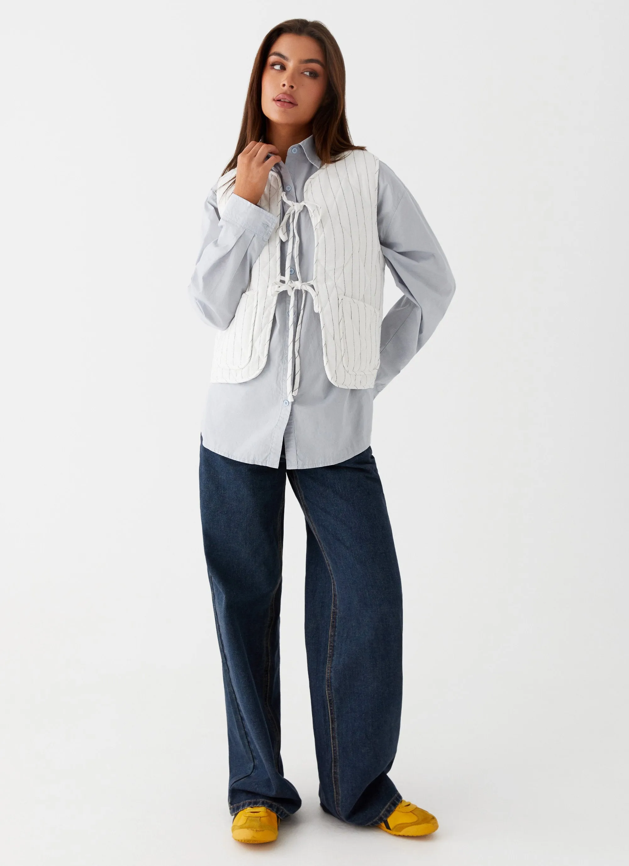 Celini Quilted Vest - White Pinstripe