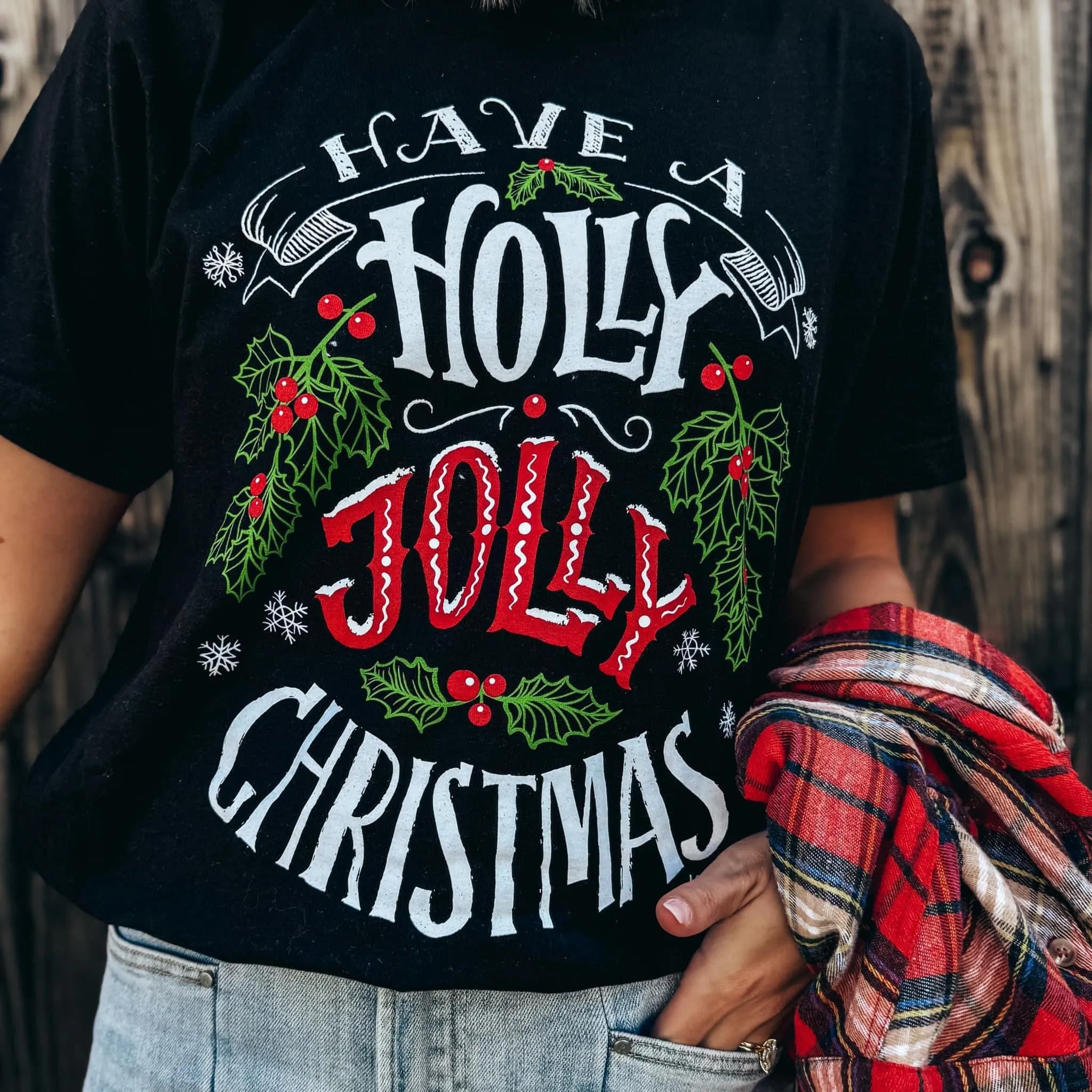 Chalkboard Holly Jolly Christmas Vintage Black Tee