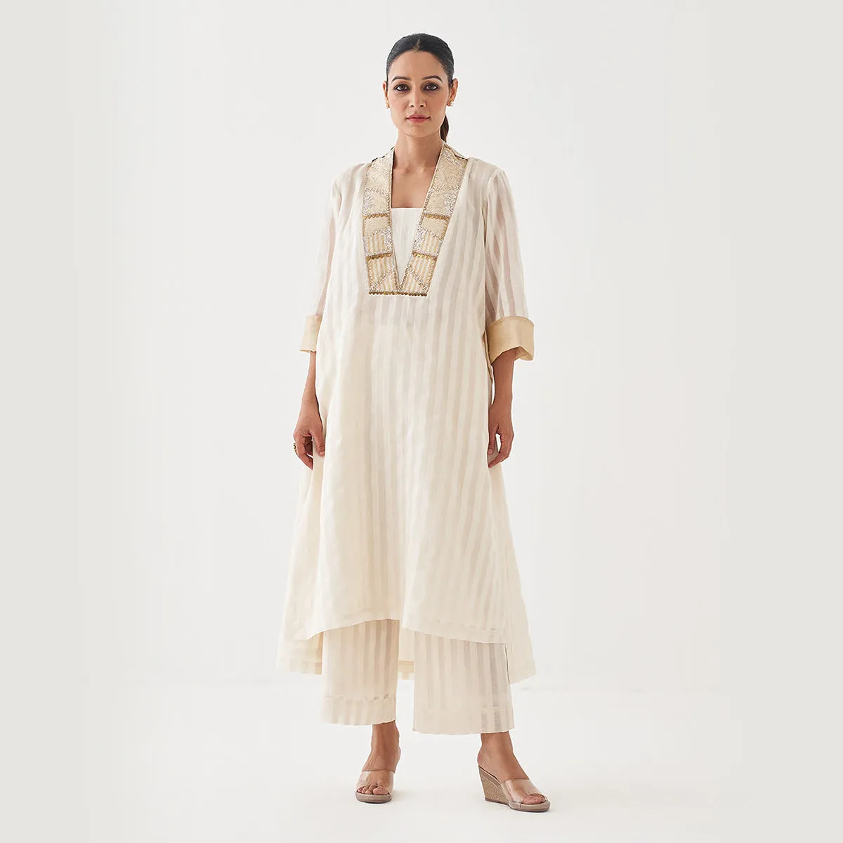 Chanderi Silk Kurta Set for Women | Embroidered | Off-White