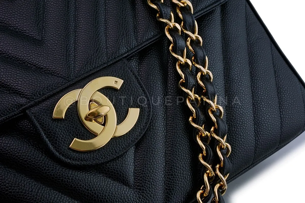 Chanel 1994 Vintage Black Chevron Caviar Maxi "Jumbo XL" Classic Flap Bag 24k GHW