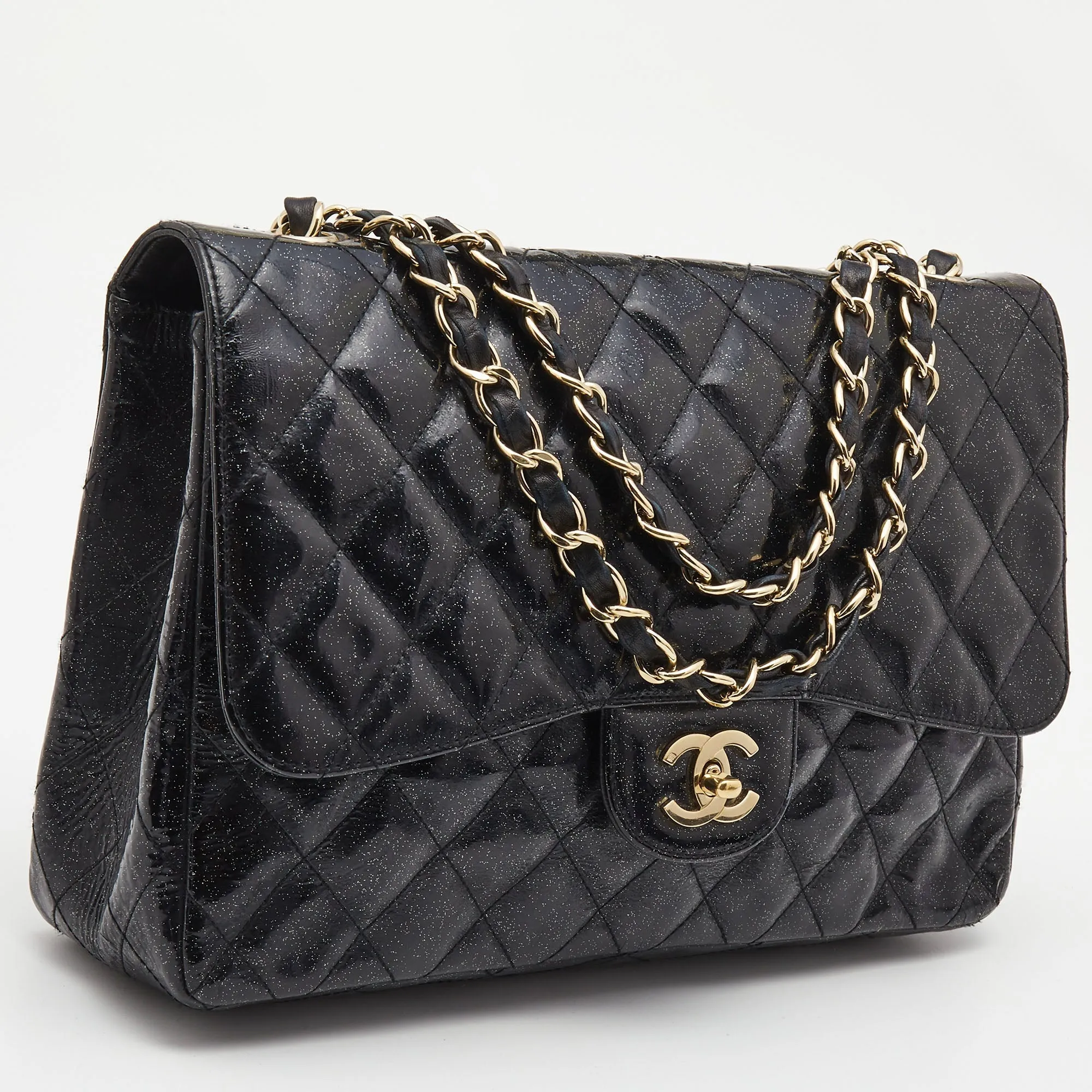 CHANEL Black Quilted Glitter Patent Leather Jumbo Classic Single Flap Bag