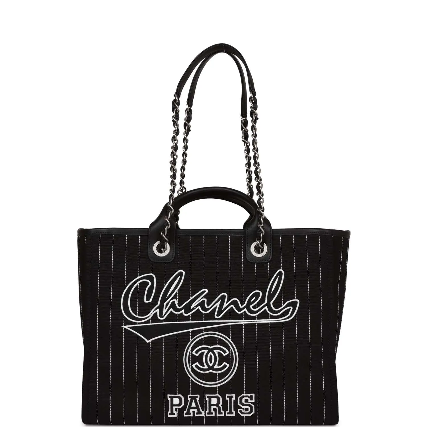 Chanel Large Deauville Shopping Bag Black and White Pinstripe Ruthenium Hardware