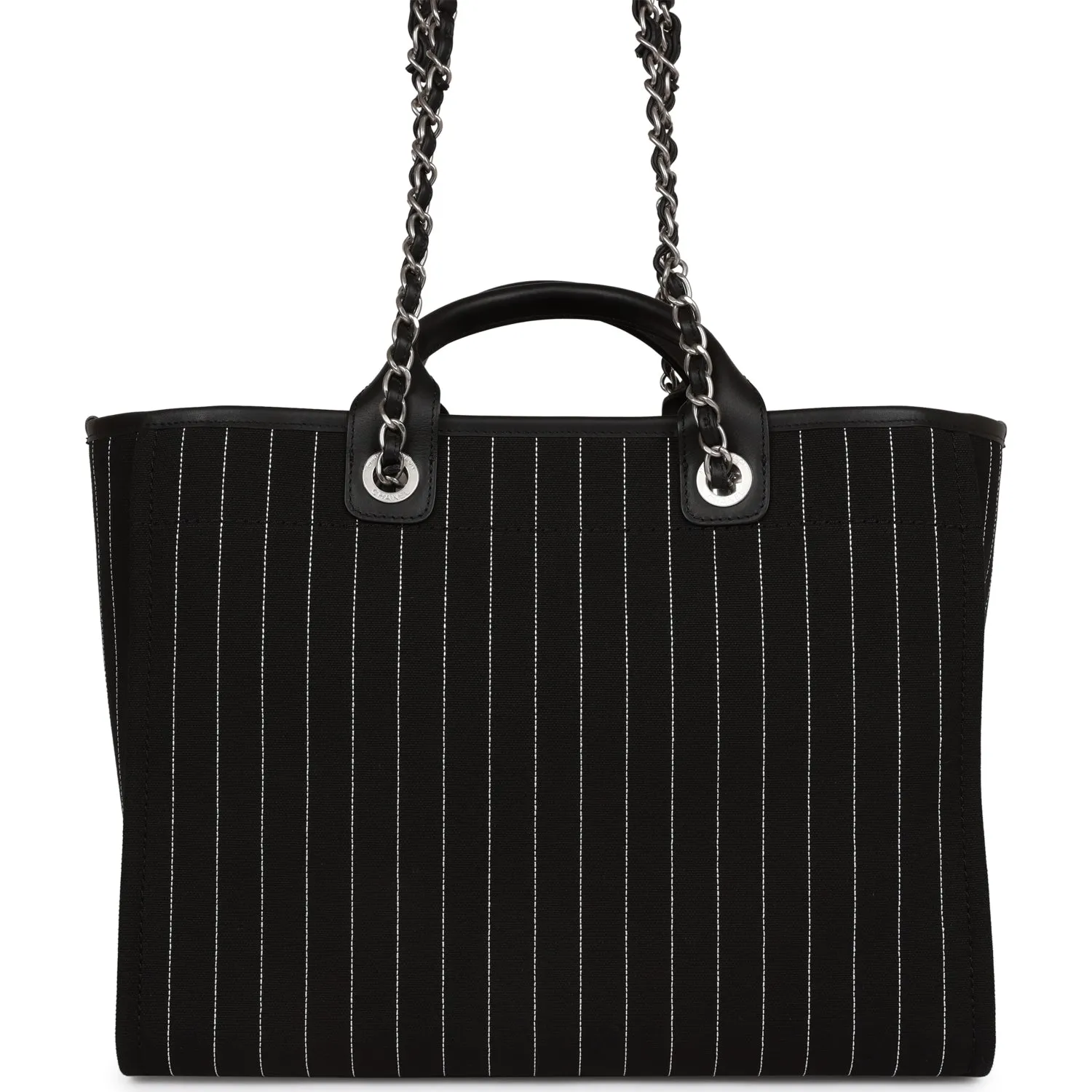 Chanel Large Deauville Shopping Bag Black and White Pinstripe Ruthenium Hardware