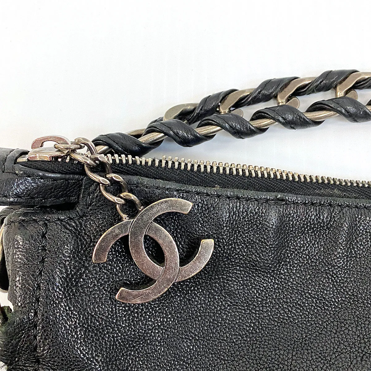 Chanel Vintage Embroidered Logo Chain Handle Hobo Bag