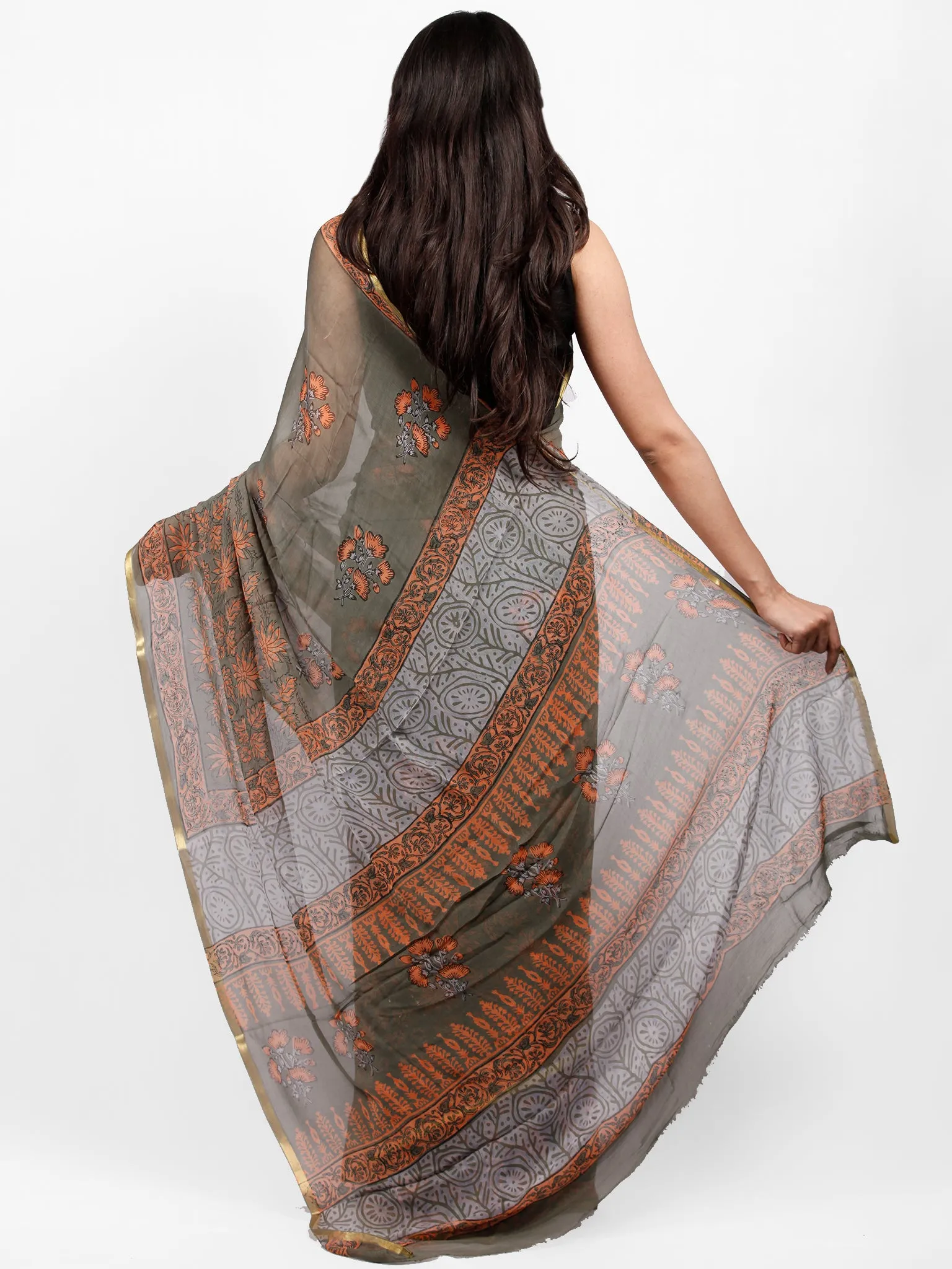 Charcoal Grey Coral Hand Block Printed Chiffon Saree with Zari Border - S031703246