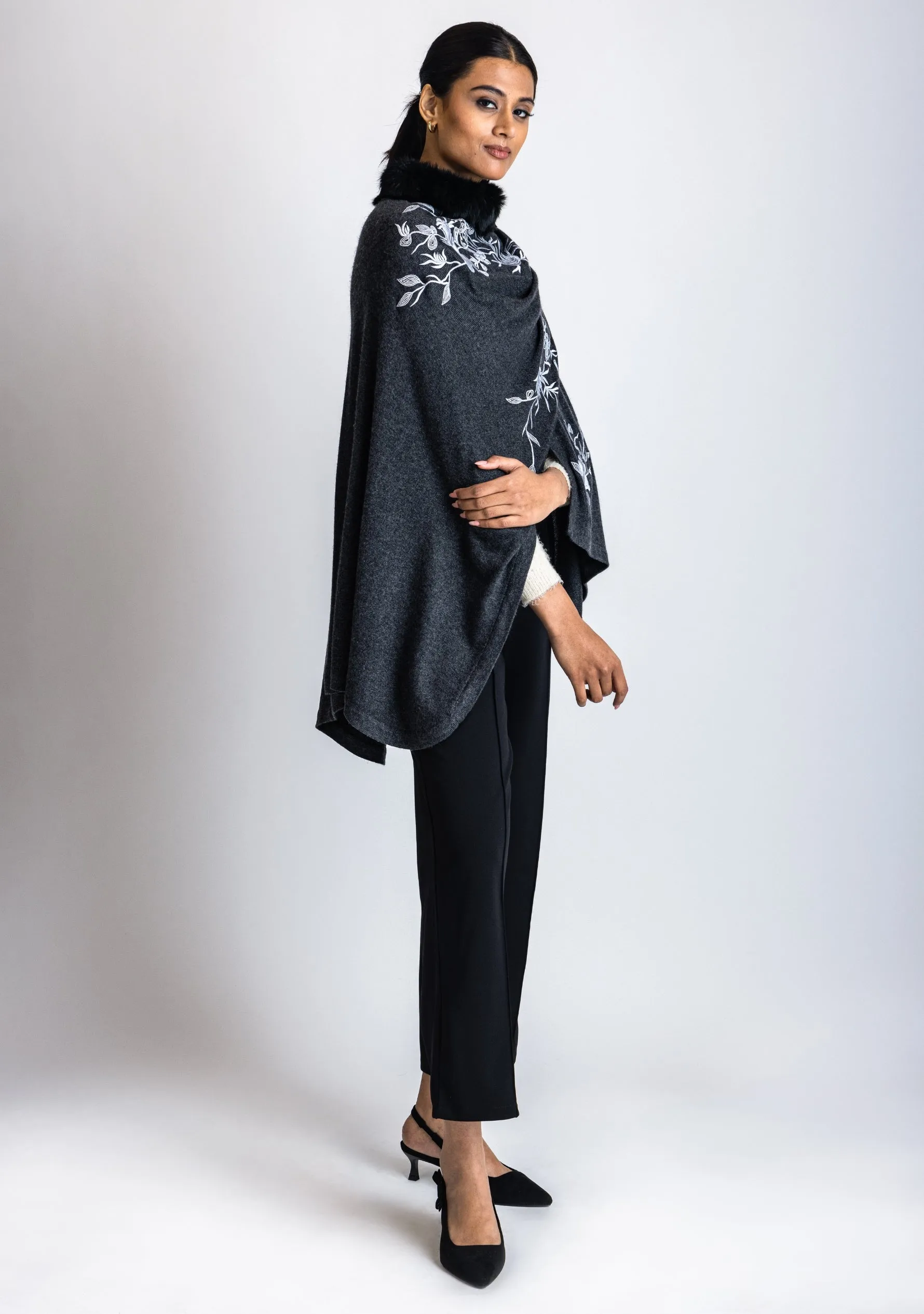 Charcoal Melange Knitted Fine Wool Cape with Lt. Grey Flower Embroidery & a Black Fur Collar