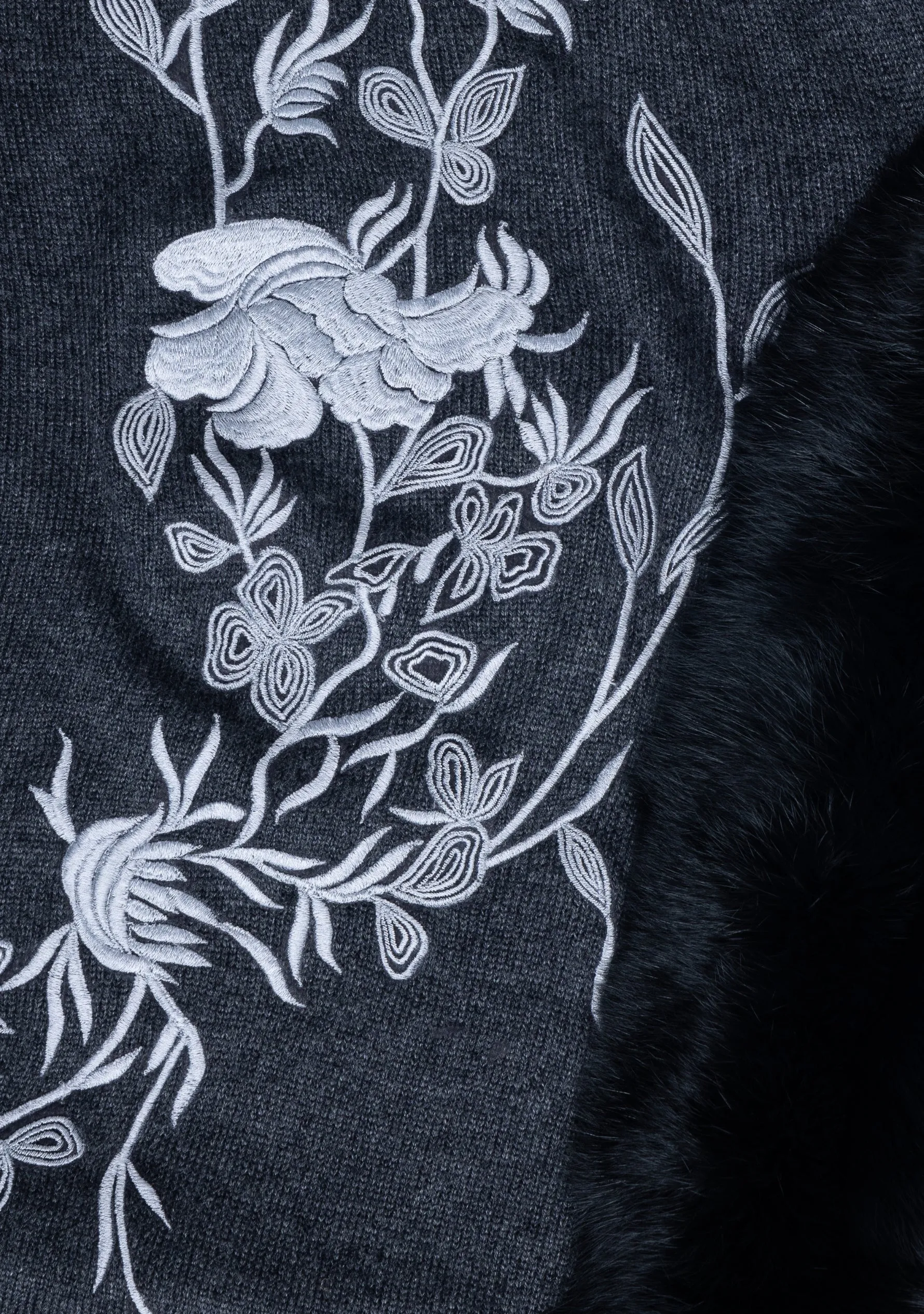 Charcoal Melange Knitted Fine Wool Cape with Lt. Grey Flower Embroidery & a Black Fur Collar