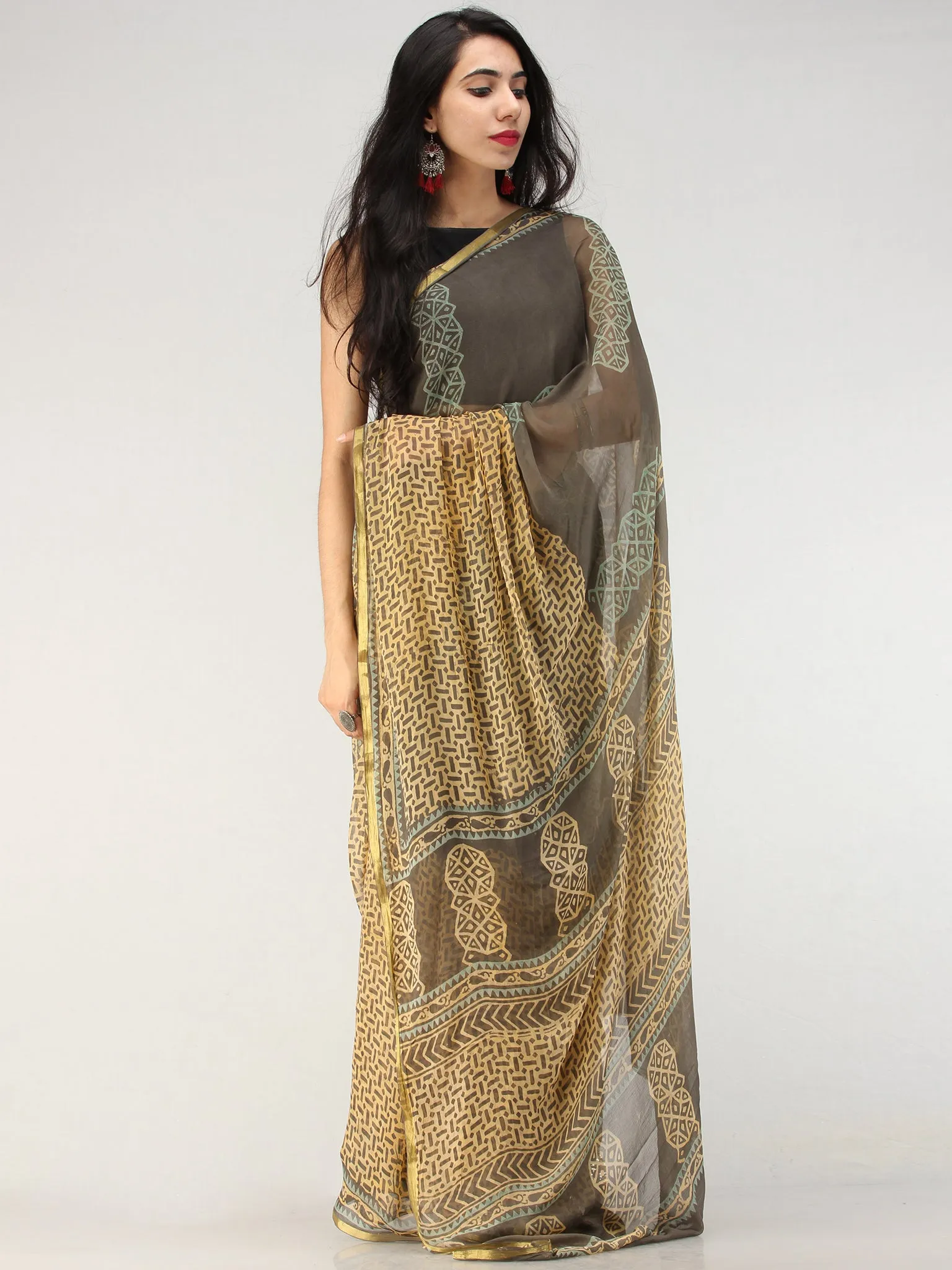 Charcoal Mustard Hand Block Printed Chiffon Saree with Zari Border - S031704558