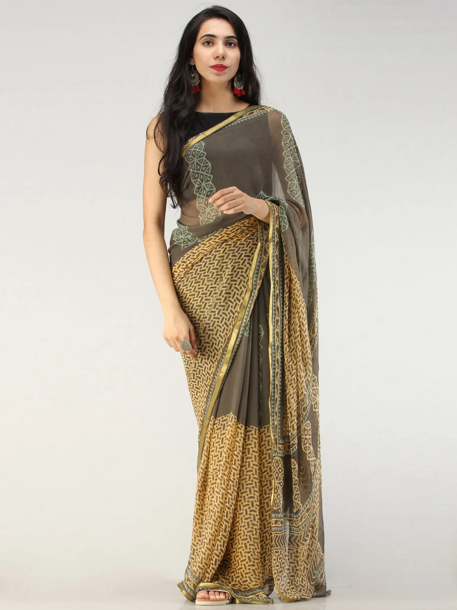 Charcoal Mustard Hand Block Printed Chiffon Saree with Zari Border - S031704558