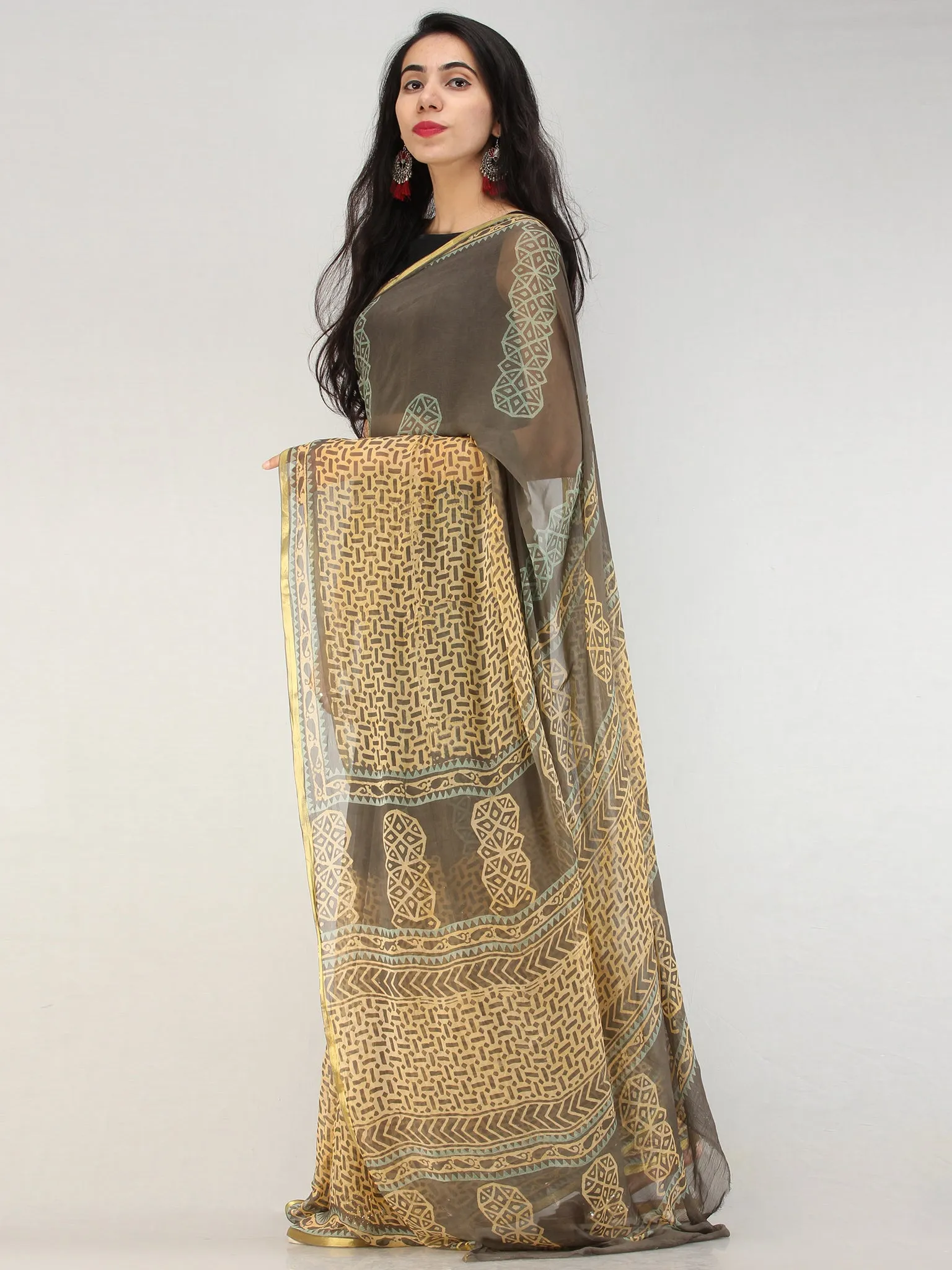 Charcoal Mustard Hand Block Printed Chiffon Saree with Zari Border - S031704558