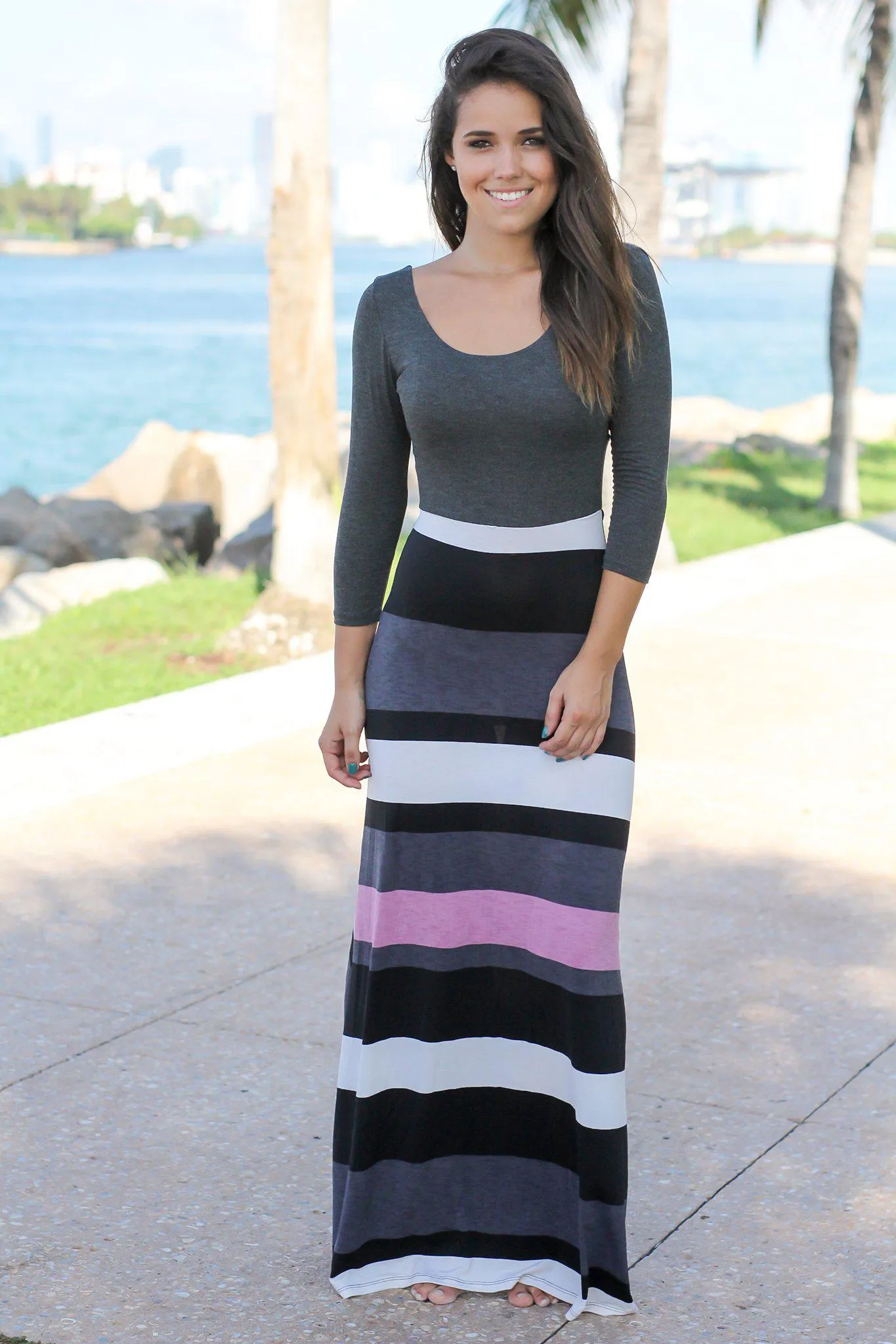 Charcoal Striped Maxi Dress with 3/4 Sleeves