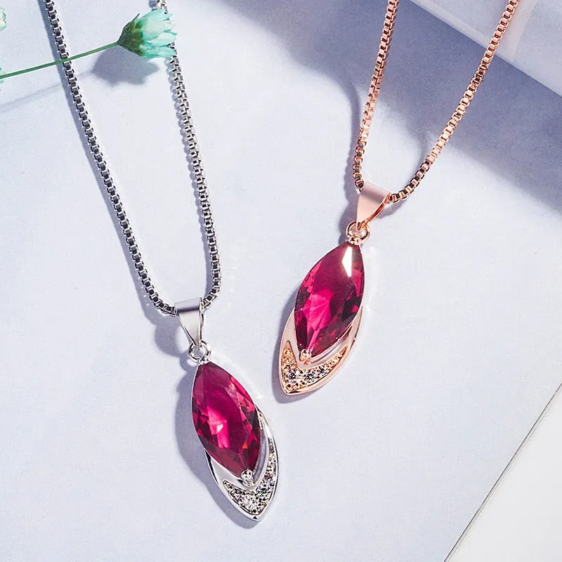 Charms 9x29MM Rose Gold Color Red Ruby Pendant Necklaces for Women Silver 925 Jewelry Necklace