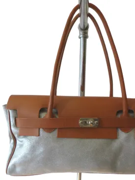 Chatona Large Satchel Silver Suede And Saddle Leather