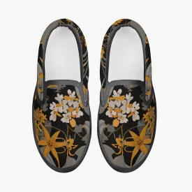 Chaussures à enfiler pour enfants, noires "Fleurs dorées" (215)