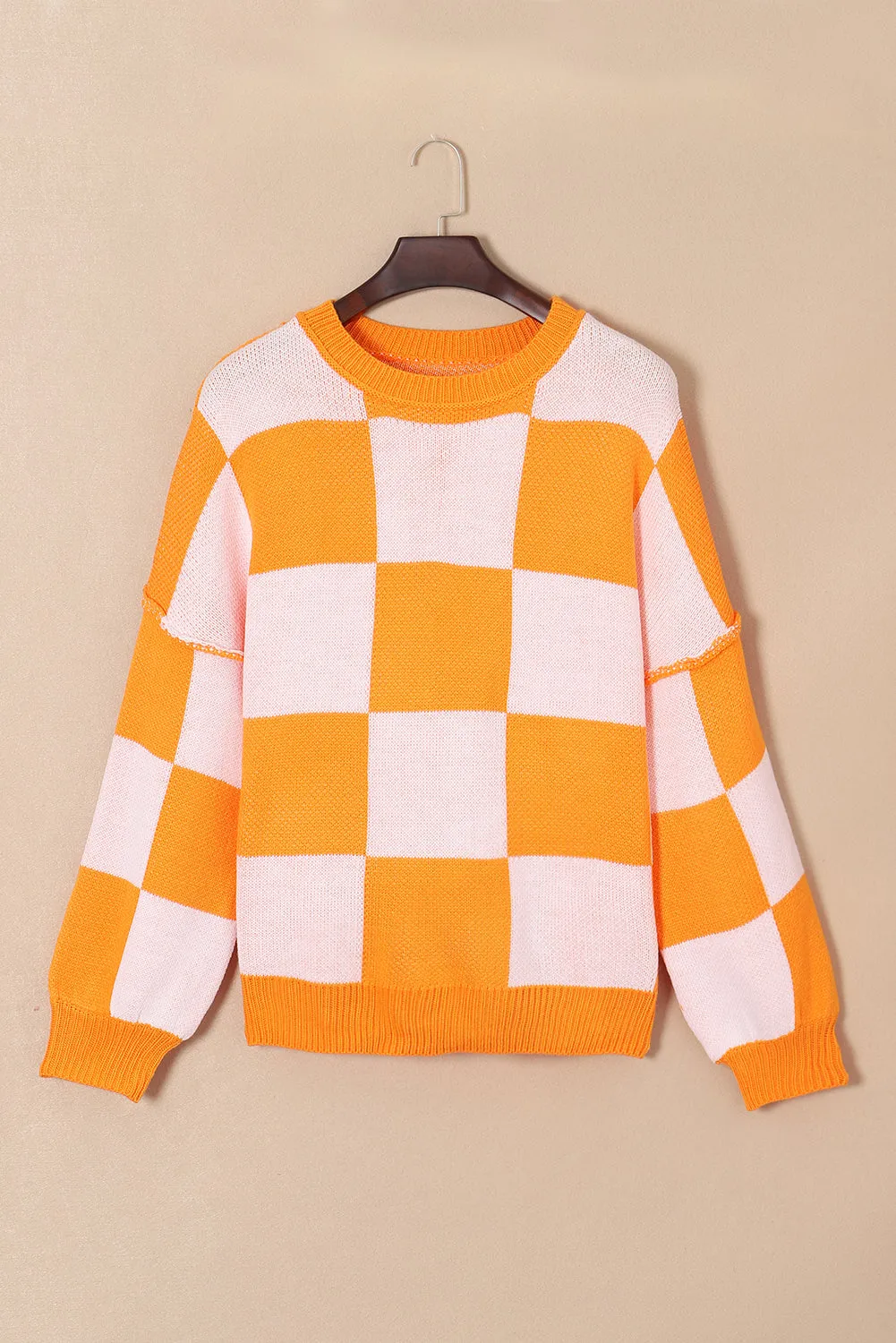 Checkered Bishop Sleeve Sweater 100% Acrylic