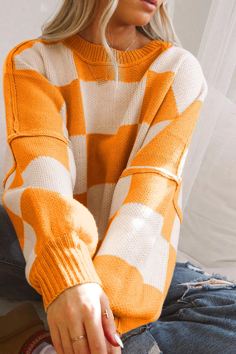 Checkered Bishop Sleeve Sweater 100% Acrylic