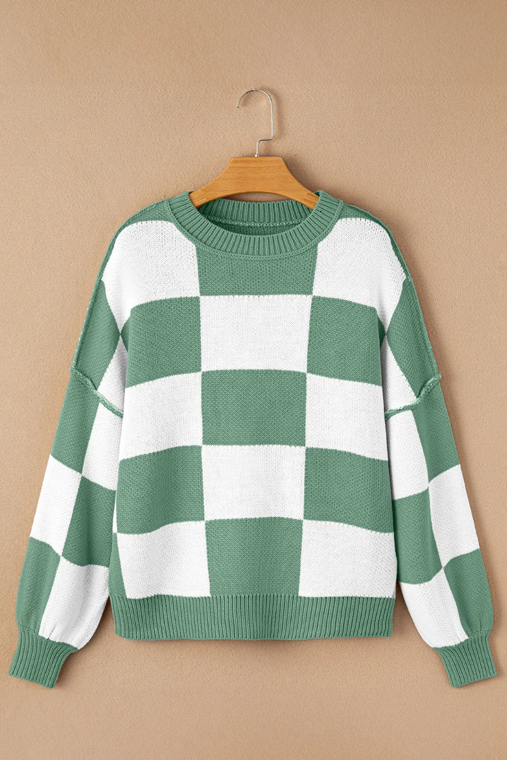 Checkered Bishop Sleeve Sweater 100% Acrylic