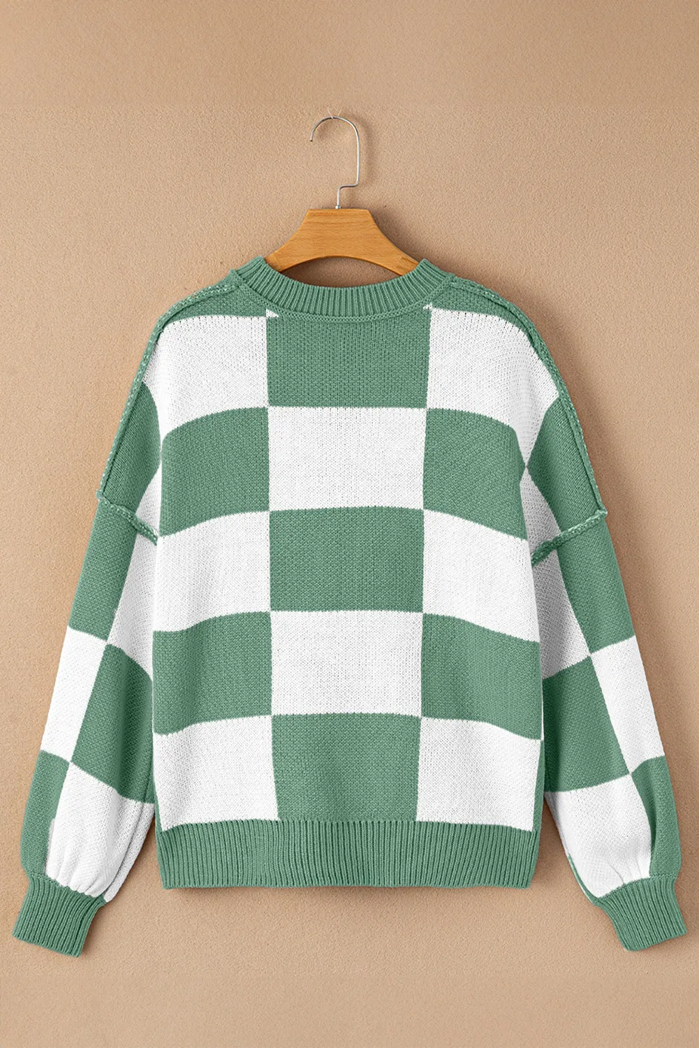 Checkered Bishop Sleeve Sweater 100% Acrylic