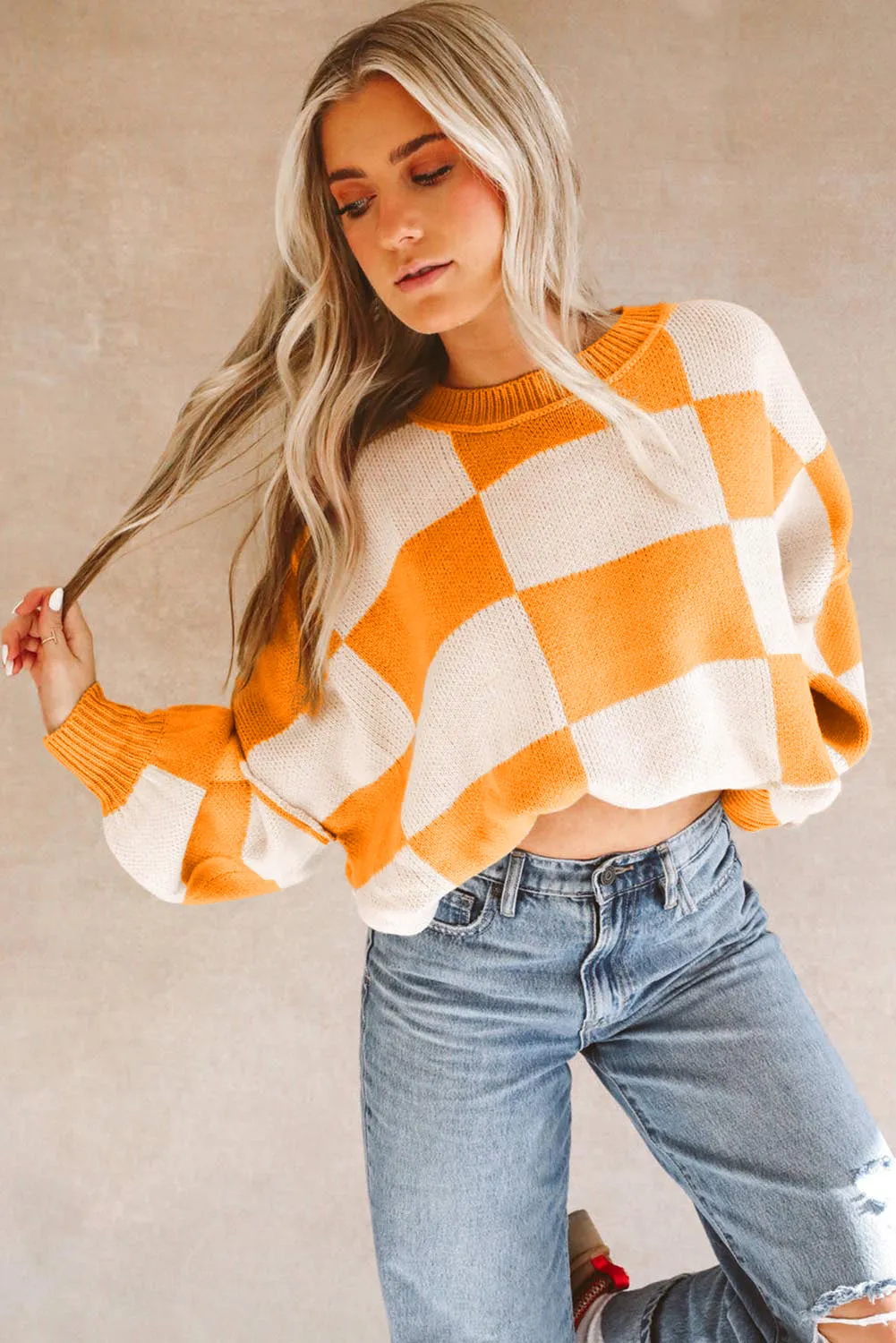 Checkered Bishop Sleeve Sweater 100% Acrylic