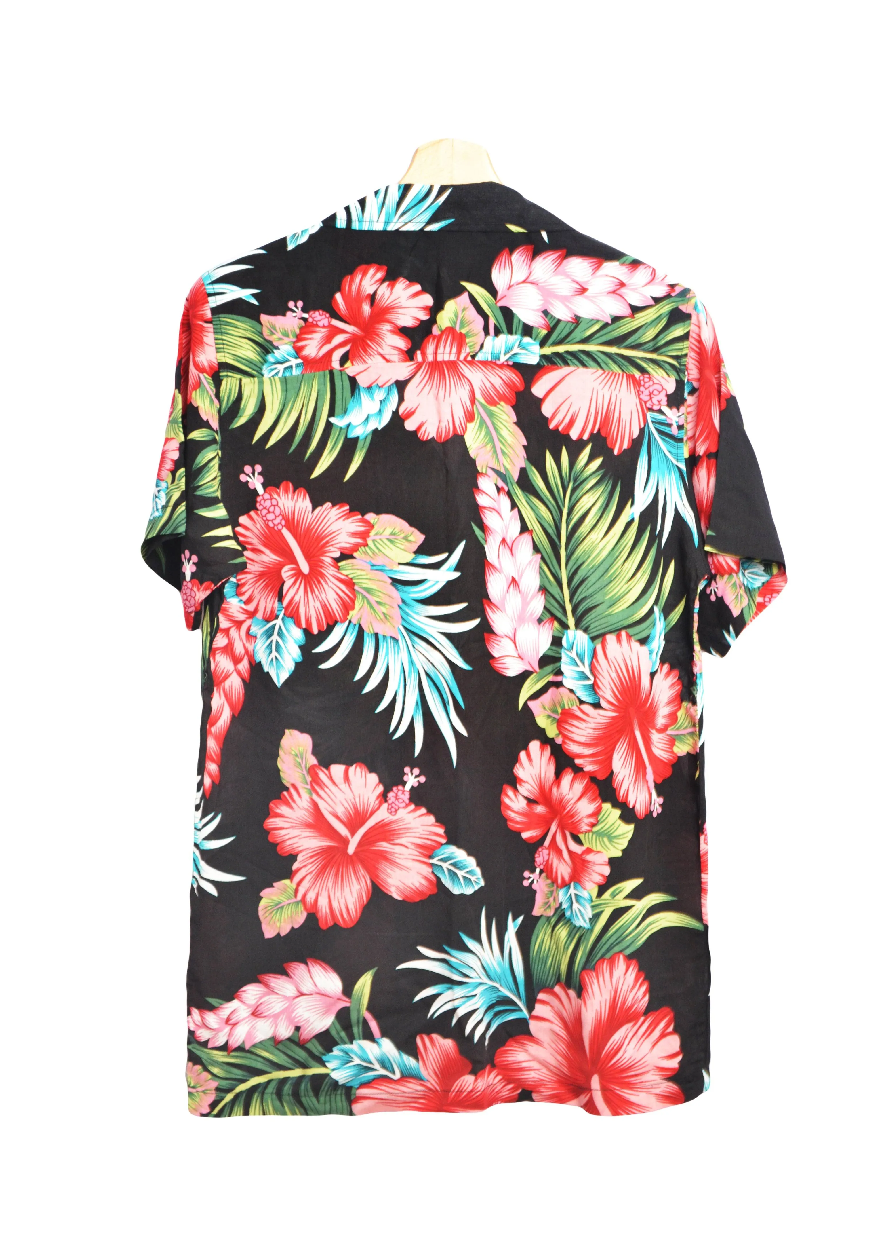 Chemise hawaienne noire à fleurs rouges