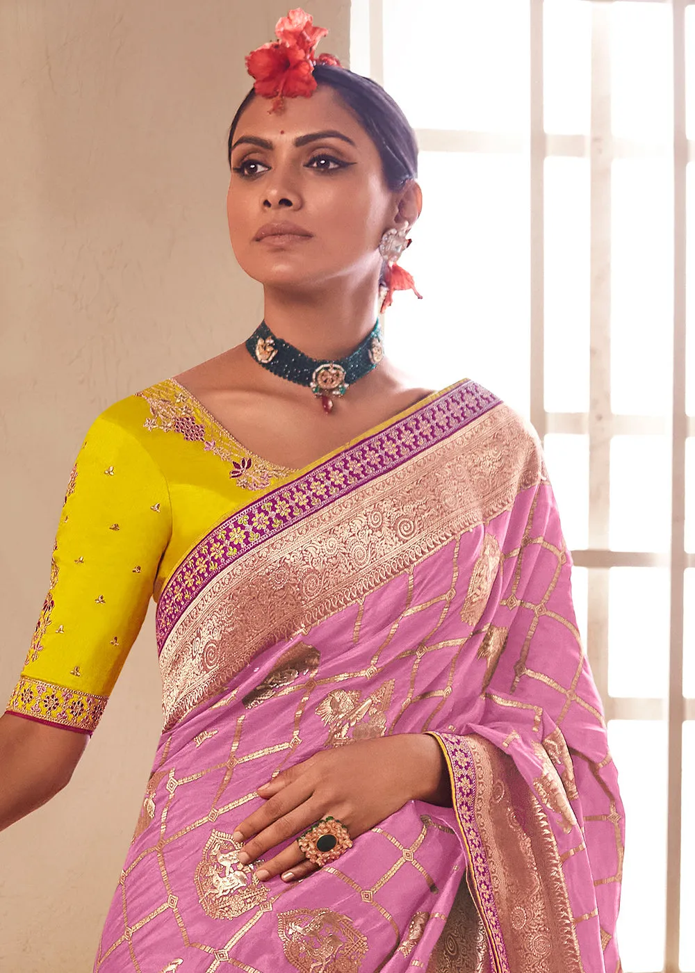 Cherry Pink Woven Dola Silk Saree with Contrast Embroidered Border