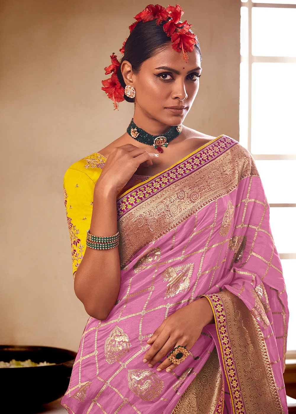 Cherry Pink Woven Dola Silk Saree with Contrast Embroidered Border