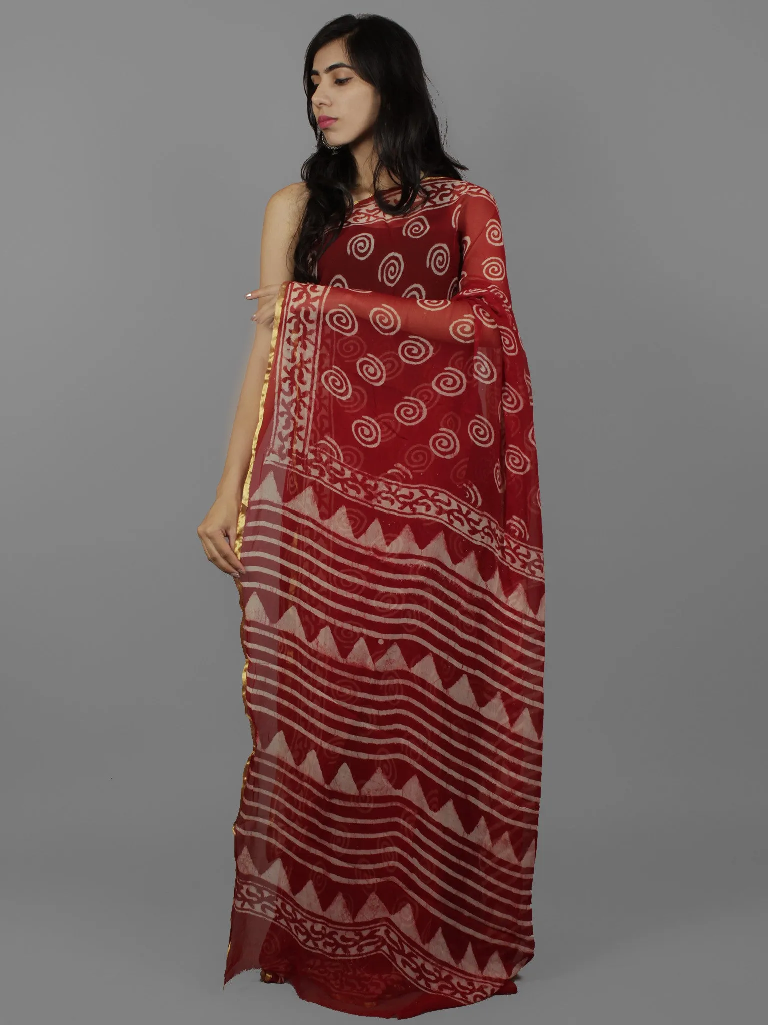 Cherry Red Ivory Hand Block Printed Chiffon Saree - S031702078