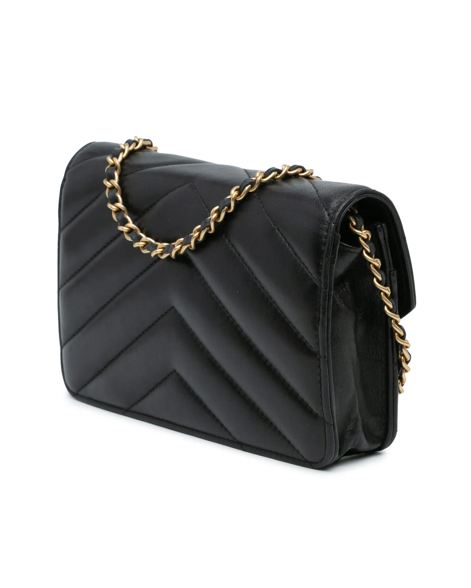 Chevron Lambskin Quilted Wallet On Chain with Studded Flap