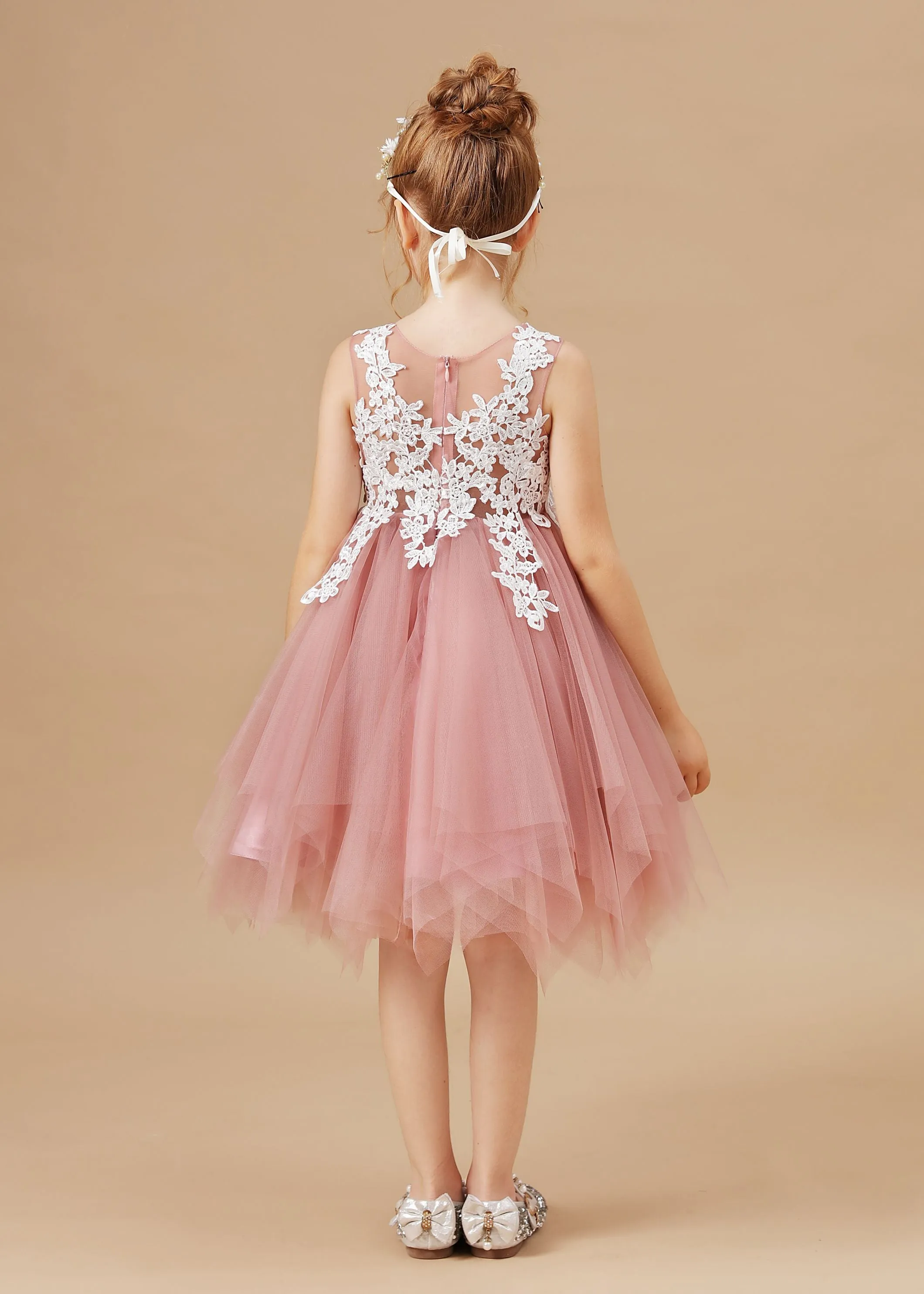 Chic Asymmetrical Sleeveless Applique Tulle Flower Girl Dresses