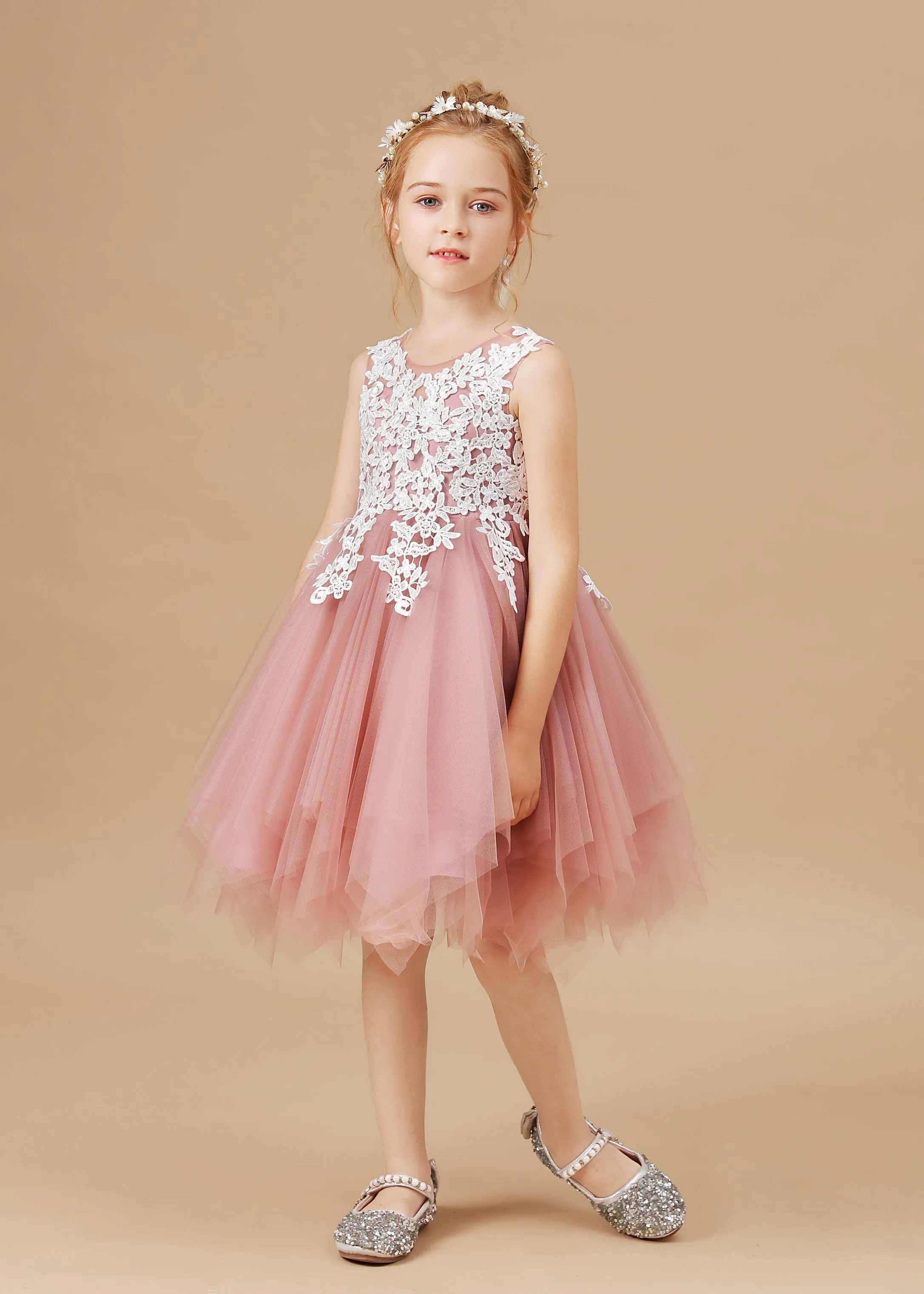 Chic Asymmetrical Sleeveless Applique Tulle Flower Girl Dresses