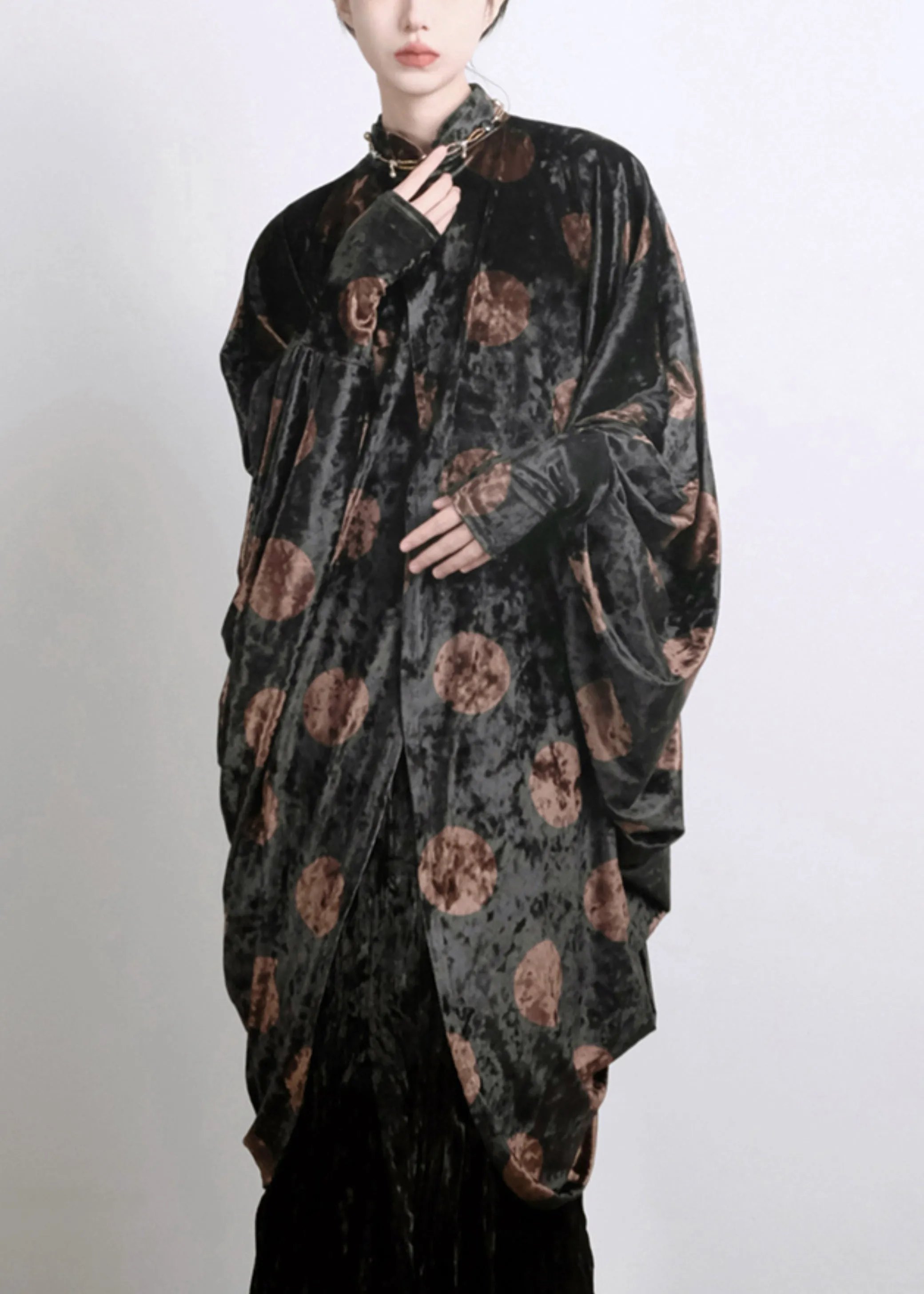 Chic Black Asymmetrical Print Silk Velour Shirts Batwing Sleeve QA1020