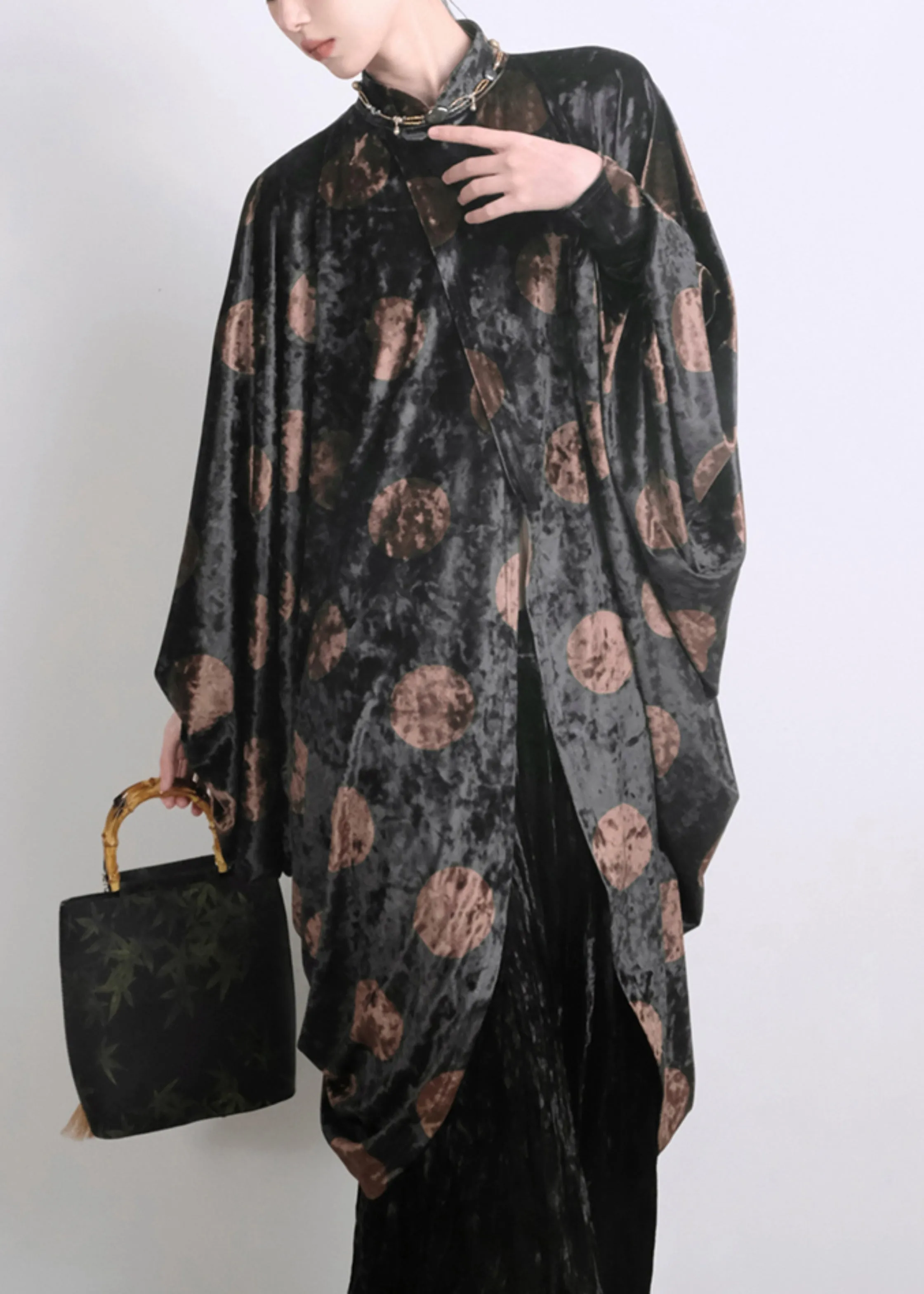 Chic Black Asymmetrical Print Silk Velour Shirts Batwing Sleeve QA1020