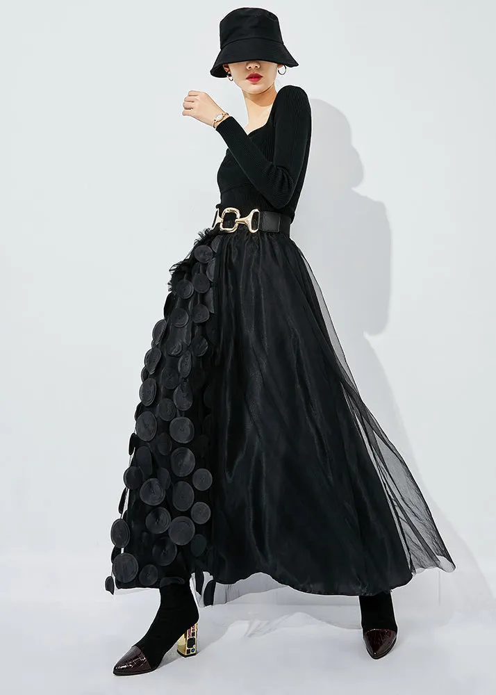 Chic Black Ruffled Patchwork Dot Tulle A Line Skirts Summer LY0840