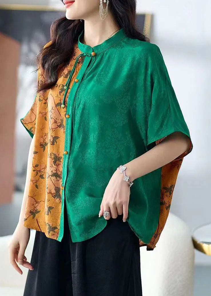 Chic Colorblock Stand Collar Tasseled Print Patchwork Silk Shirts Tops Summer TF1023