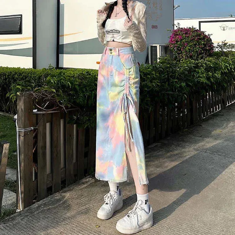 Chic Colorblock Tie Dye Drawstring Split Denim Skirt