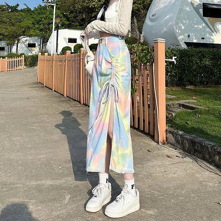 Chic Colorblock Tie Dye Drawstring Split Denim Skirt