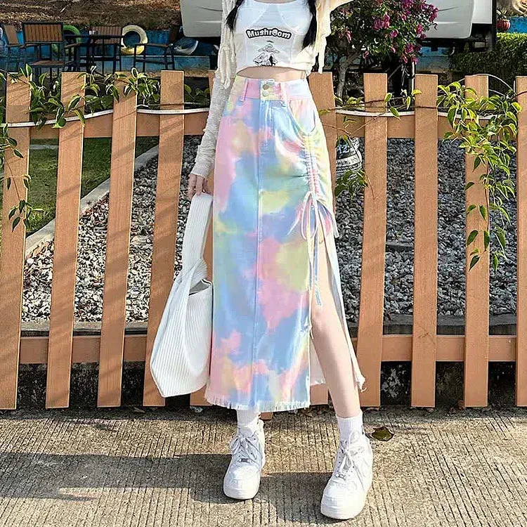 Chic Colorblock Tie Dye Drawstring Split Denim Skirt