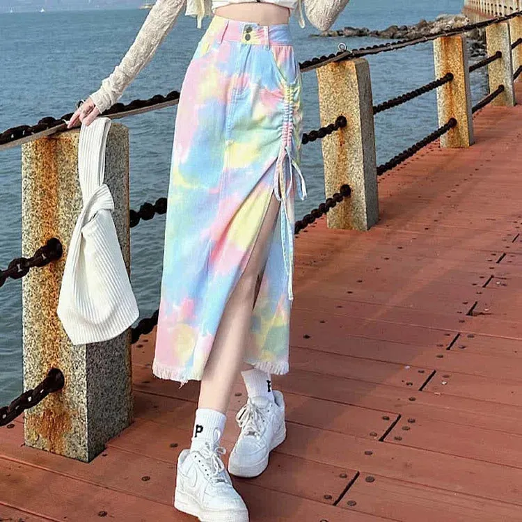 Chic Colorblock Tie Dye Drawstring Split Denim Skirt