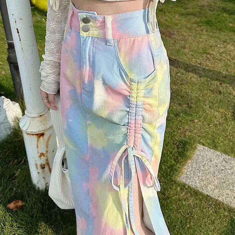 Chic Colorblock Tie Dye Drawstring Split Denim Skirt