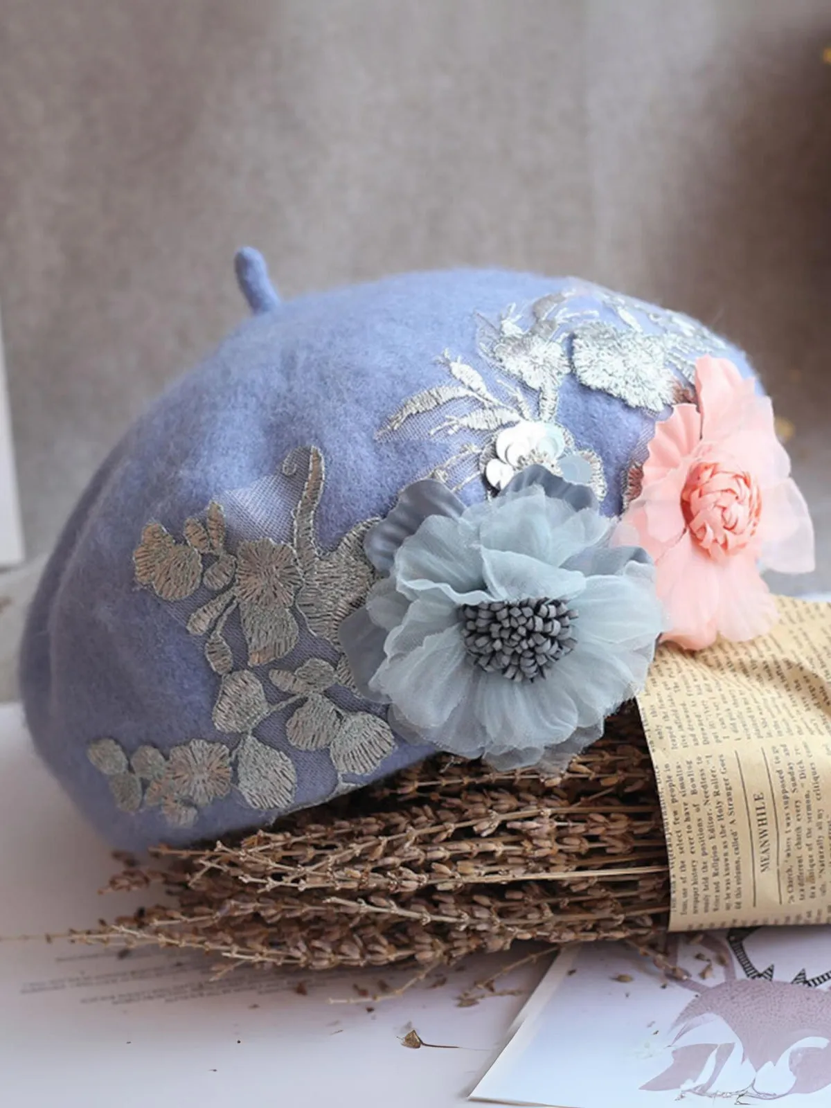 Chic Embroidered Cozy and Elegant Fall Flower Wool Beret