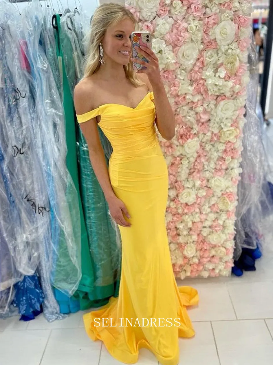 Chic Mermaid Off-the-shoulder Elegant Long Prom Dress Cheap Yellow Evening Dress #LOP214