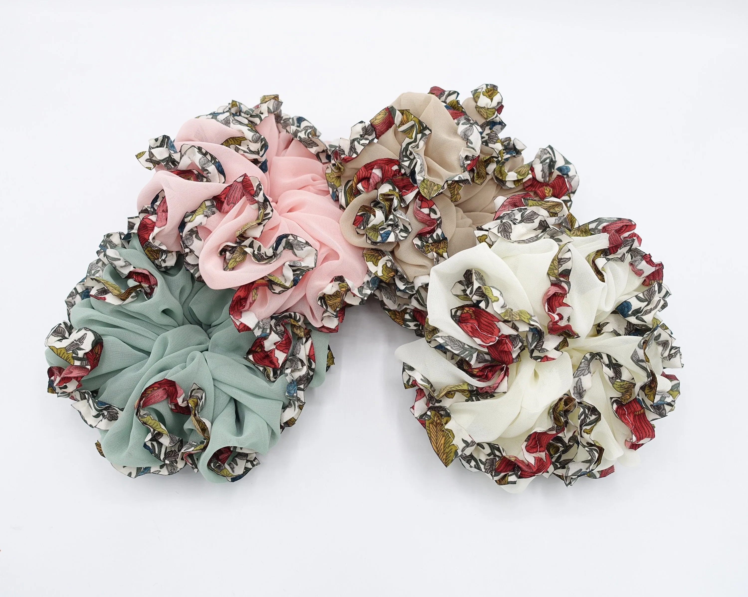 chiffon scrunchies, oversized scrunchies, floral scrunchies for women