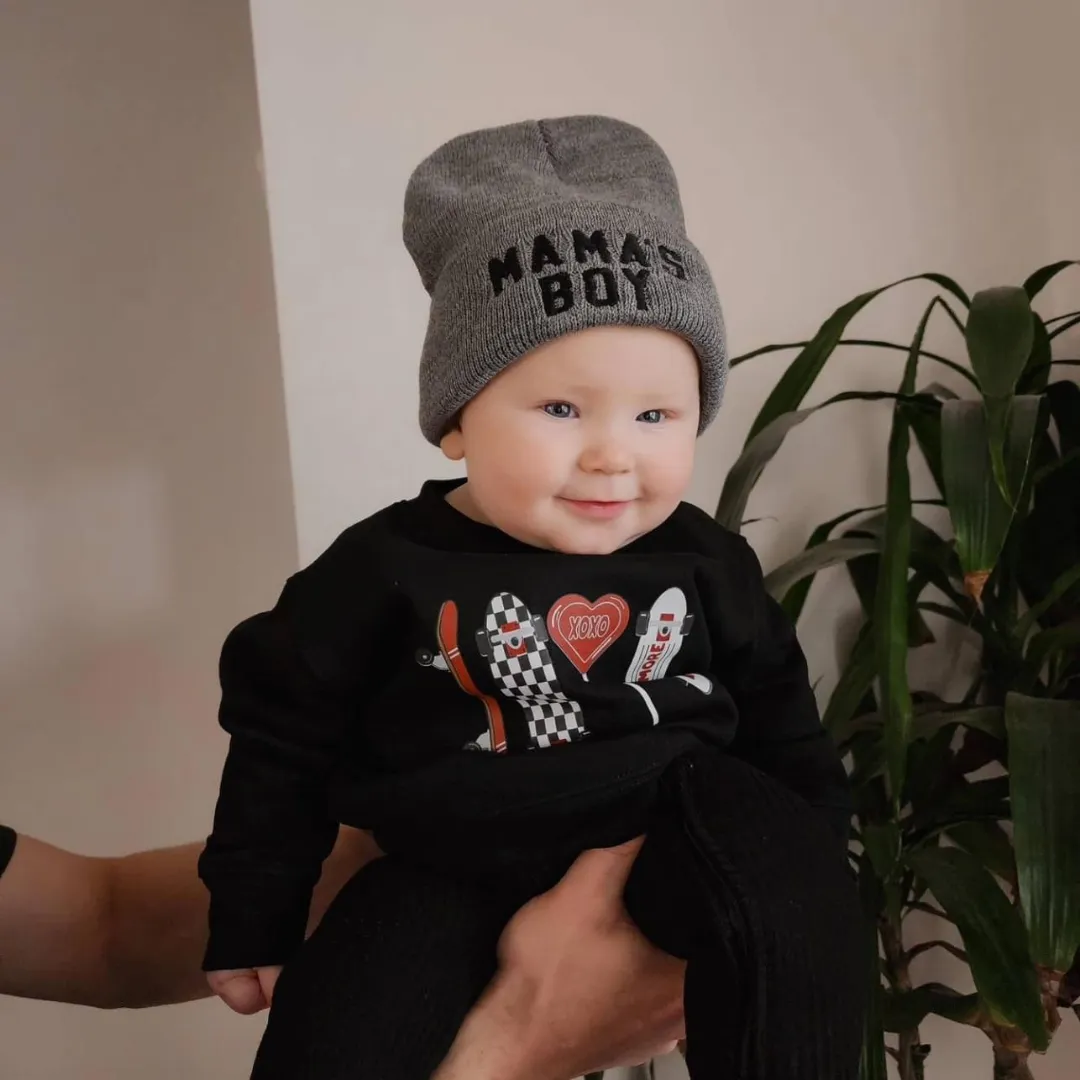 Child Beanie - Mama's Boy - Gray w/ Black