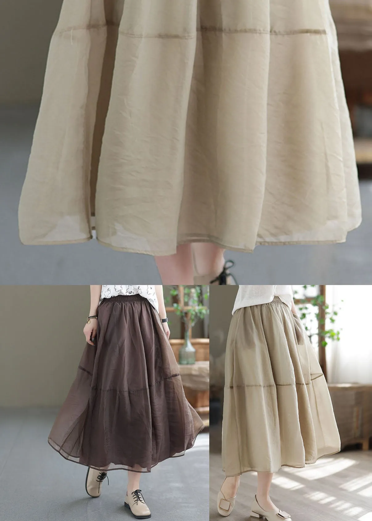 Chocolate Patchwork Organza A Line Skirts Elastic Waist Spring TG1035