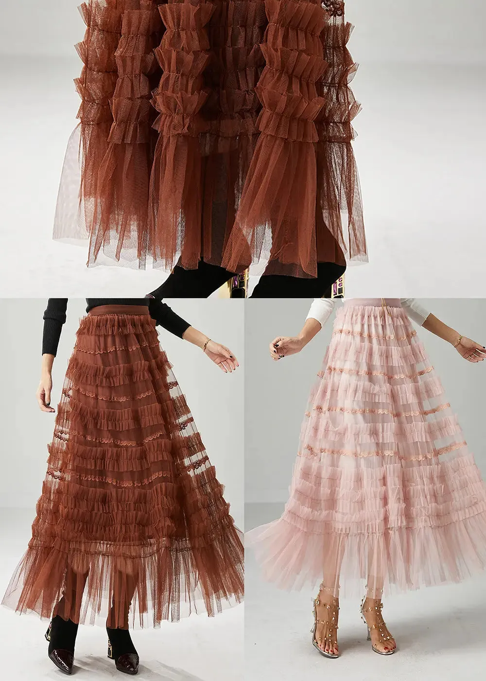 Chocolate Tulle A Line Skirts Ruffled Fall ML0462