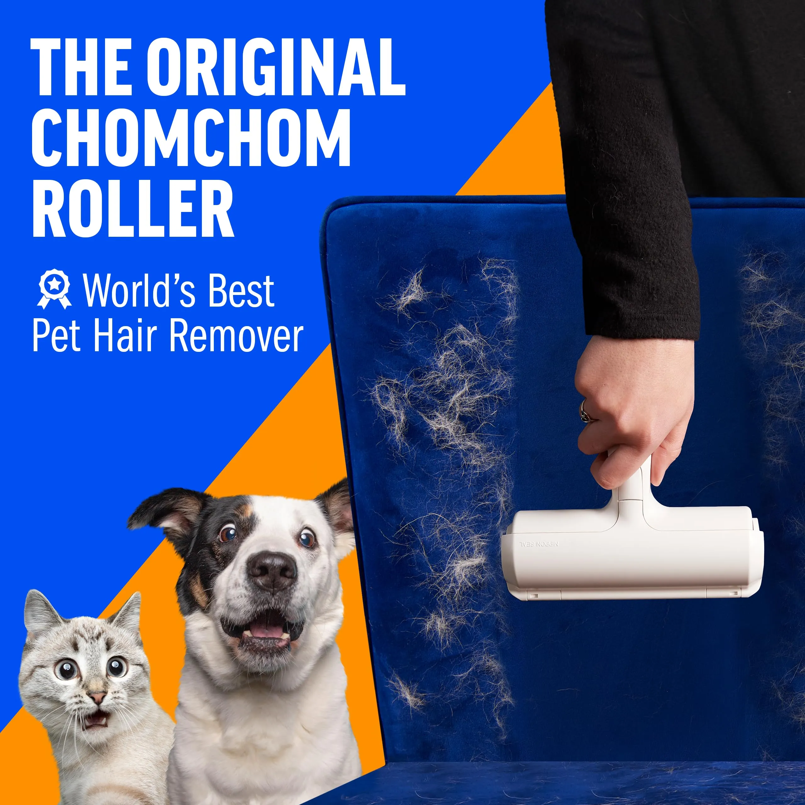 Chom Chom Roller Pet Hair Remover and Reusable Lint Roller - Black ChomChom Cat and Dog Hair Remover for Furniture, Couch, Carpet, Clothing and Bedding - Portable, Multi-Surface Fur Removal Tool