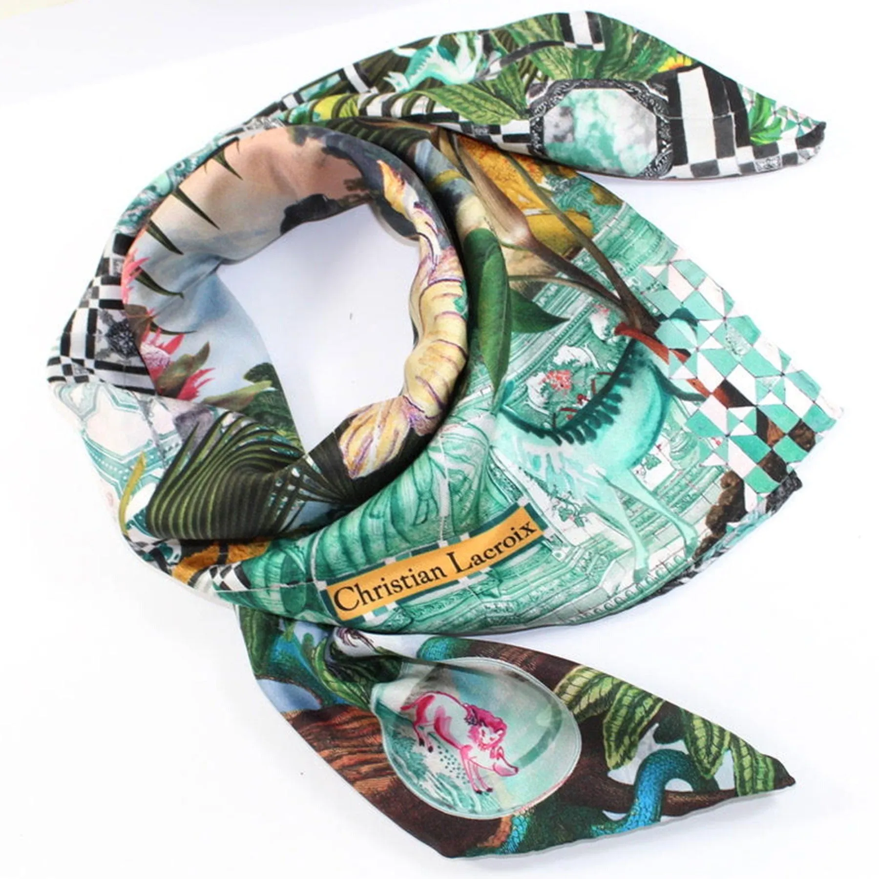 Christian Lacroix Scarf Aqua Green Brown Novelty - Large 36 Inch Square Twill Silk Scarf