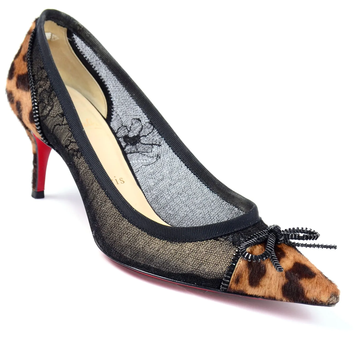 Christian Louboutin Souris 70 Pony Fur Mesh Zipper Bow Kitten Heel Shoes